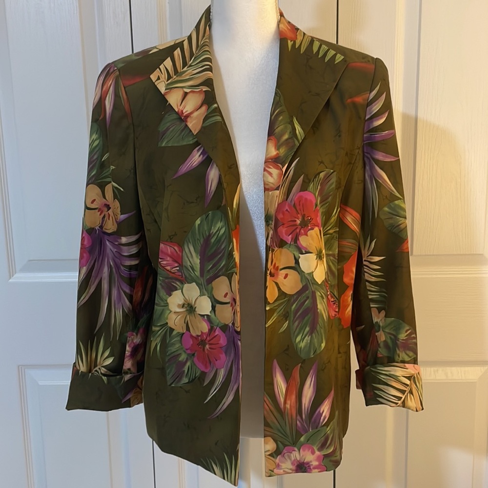 Peck & Peck Collection Women’s SZ 14 Floral Olive Open Front Silk Blend Blazer - Picture 2 of 13